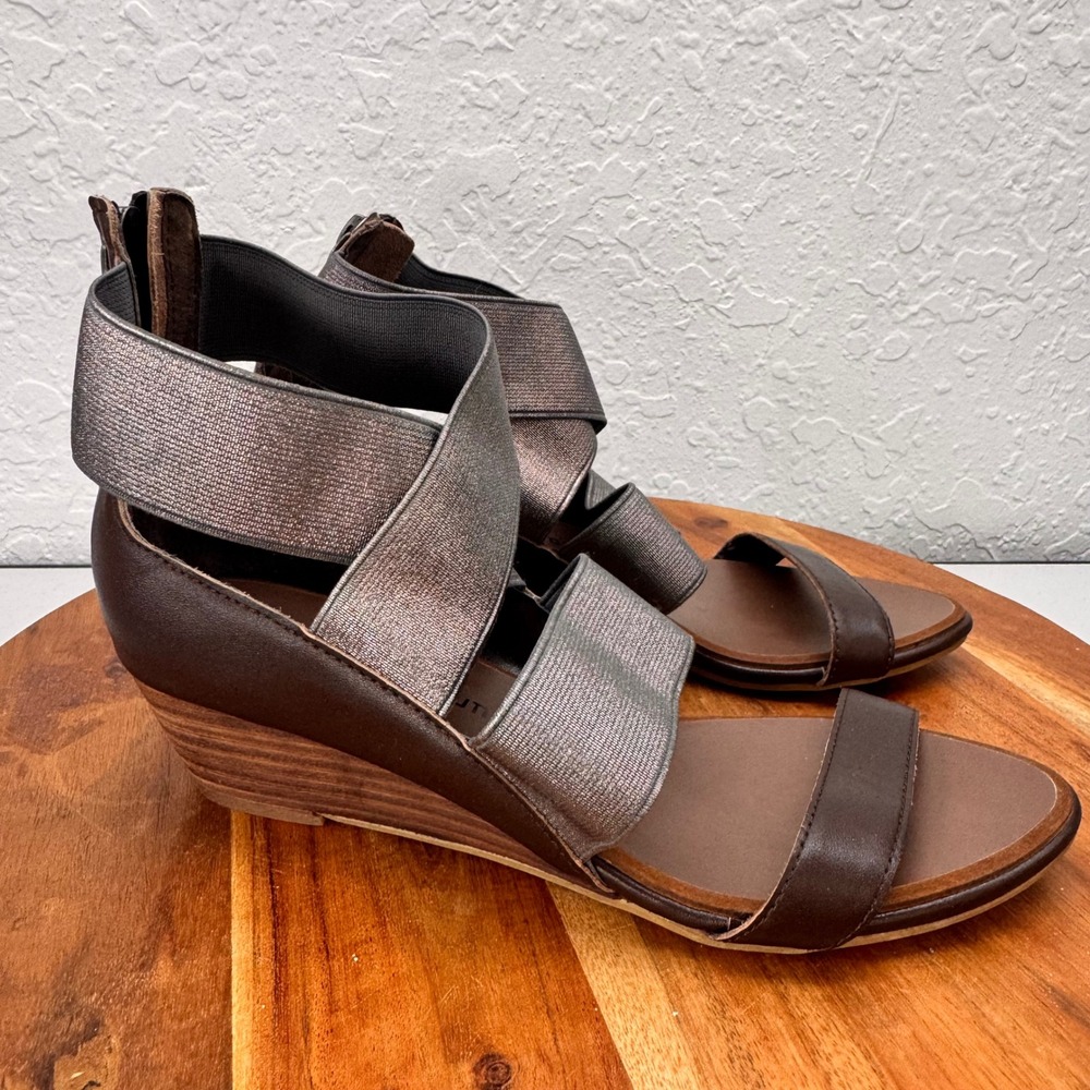 Chinese Laundry Womens 6 Brown Metallic Elastic Strappy Wedge Sandals